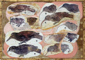 Collage on paper titled "Birds in Pink Cloud" by Dean Dass for sale by Les Yeux du Monde